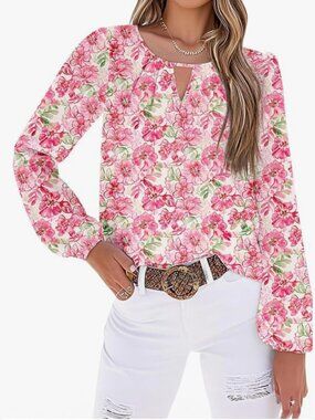 NWT SHEWIN Pink Floral Keyhole Blouse Long Sleeve Size 2XL